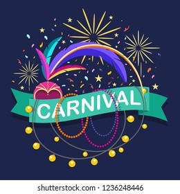 Colorful carnaval greeting card. Vector design template with carnaval elements on blue background