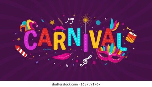 Colorful Carnival background banner with multicolored text surrounded by party accessories and firework on purple, vector illustration