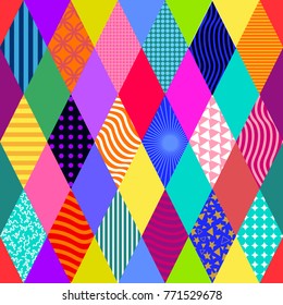 Colorful carnival background. Seamless vector pattern with bright rhombus and different geometric ornaments. Template for banners, posters, covers, cards, invitations, textile design.