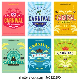 Colorful carnival celebration or party posters or flyers set with masquerade masks, palms, maracas, streamers, ferris wheel, musical instruments and more. Isolated. Vector.
