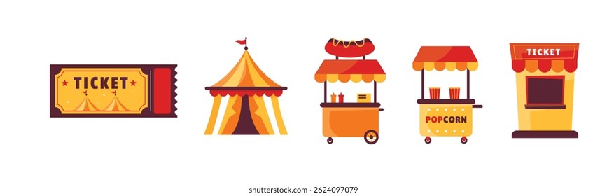 Colorful Carnival or Circus Elements Featuring Ticket, Tent, and Food Stalls
