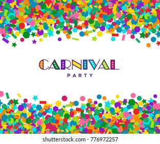 Colorful carnival confetti greeting card. Vector illustration. Rainbow small sequins salute. Place for your text message. Party invitation