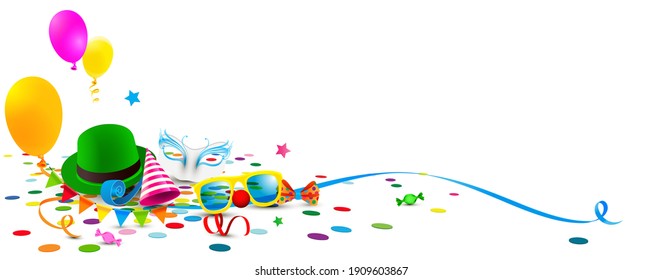 Colorful carnival costume accessories lying on the floor with confetti, balloons and ribbons