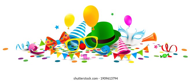Colorful carnival costume accessories lying on the floor with balloons and cofetti