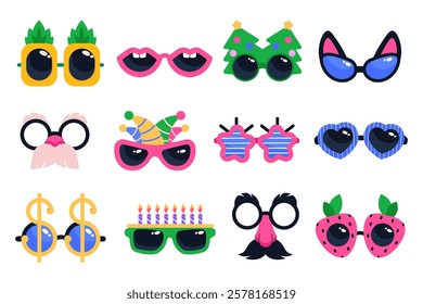 Colorful carnival eyeglasses for purim festival vector illustration. Funny birthday party show goggles, quirky masquerade accessory, fancy sunglasses mask for celebration and fun isolated set