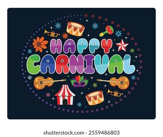 Colorful carnival festival with musical instruments and masks. Carnival celebration with festive elements. Carnival party concept. Flat vector illustration.