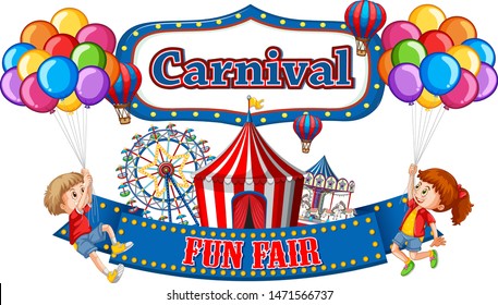 Colorful carnival funfair banner with boy and girl illustration