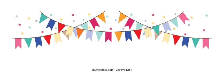 Colorful carnival garland of flags. Decorative multicolored pennants for celebration. Festive background. Decoration for a birthday party. Hanging colored flags. EPS 10. Vector illustrations