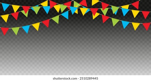 Guirnalda de carnaval colorida con banderas sobre fondo transparente. Banderines decorativos para la fiesta de cumpleaños, festival, decoración justa. Diseño de Anuncio festivo, tarjeta de felicitación. Ilustración vectorial.