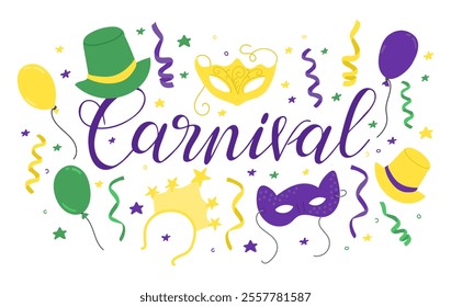 Colorful carnival illustration with festive mask, hat, balloon, ribbon and star with bold calligraphy text Carnival in vibrant purple, yellow, and green