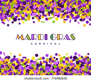 Colorful carnival mardi gras confetti greeting card. Vector illustration. Purple, green and yellow small sequins salute. Place for your text message. Party invitation