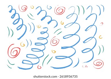 Colorful carnival marker squiggles lines. Hand drawn kids party celebration confetti. Brush stroke linear pen festive elements set isolated on white background. Scribble birthday decoration..