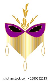 Colorful carnival mask decorated with beaded veil. Mardi Gras mask. Isolated vector illustration on dark grey background.