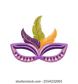 A colorful carnival mask, decorated with bright feathers, will decorate the festive celebrations of Mardi Gras. Vector illustration in flat style for sticker, postcard, design element