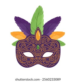 Colorful carnival mask, decorated with feathers for celebrations of Mardi Gras. Hand drawn bright decorative festive mask in cartoon style isolated on white background.Colored flat vector illustration