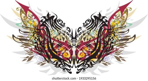 Colorful carnival mask with feathers and arrows elements. Grunge ornamental mask like a butterfly wings with elements of dark red arrows, gray feathers, golden and floral motifs for holidays, etc.