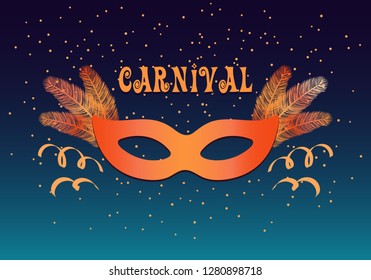 Colorful carnival mask, feathers, confetti on dark background, with text Carnival. Vector illustration. Flat style design. Concept for banner, poster, flyer, greeting card, decorative element