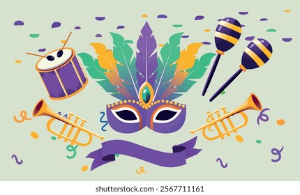 Colorful Carnival mask with feathers, musical instruments, and confetti. Perfect for Mardi Gras, celebrations, and festive events. Vibrant and joyful design capturing the spirit of Carnival.