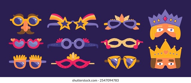 Máscara colorida del carnaval, disfraz festivo, accesorio del traje fijado para la bola, desfile, marcha, halloween, mascarada o festival de música. Héroes de la reina y del rey, Ilustración vectorial divertida linda de los vidrios