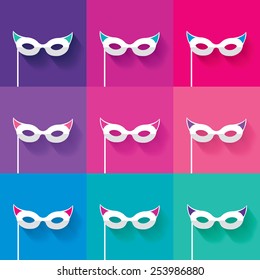 colorful carnival mask icon set collection in modern flat design style with trendy long shadow effect