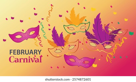 Colorful carnival masks adorned with feathers and streamers, celebrating the festive spirit of February with vibrant hues