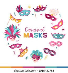 Colorful carnival masks collection isolated on white background. Masqeurade mask design for decorating festive invitations, banners, greeting cards.