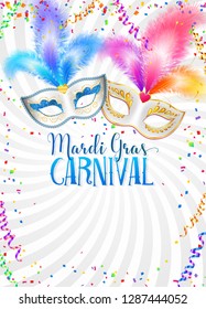 Colorful carnival masks with feathers vector Mardi Gras poster template with confetti and serpentine on white background