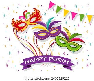 Colorful carnival masks on the background of confetti. Happy Purim, Mardi Gras. Banner, poster, vector