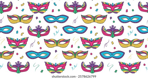 Colorful carnival masks seamless pattern. Festival costume elements with confetti. Mardi Gras carnival mask. Brazil carnival, Venice. Masquerade. Background, wallpaper, digital paper. Vector.