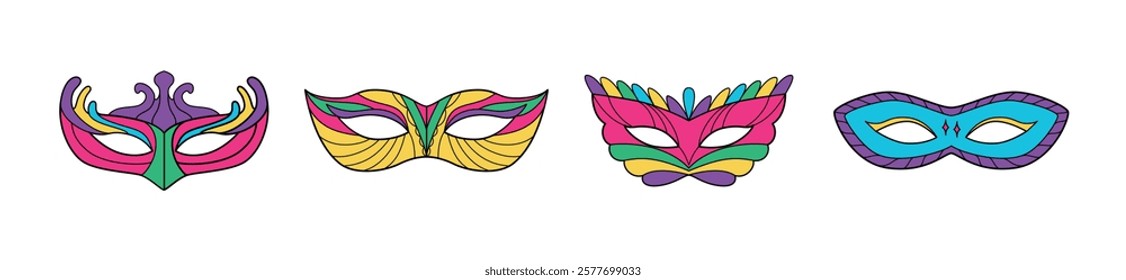 Colorful carnival masks set. Contour, drawing, sketch. Festival costume element. Mardi Gras carnival mask. Brazil carnival, Venice. Masquerade. Vector.