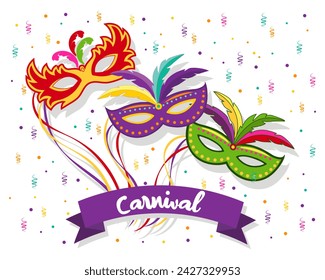 Colorful carnival masks and text Carnival on the background of confetti and fireworks. Mardi Gras Banner, poster, vector