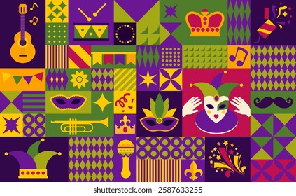 A colorful carnival mosaic pattern inspired by Mardi Gras, featuring masks, instruments, and decorative festive symbols. A seamless vector illustration.