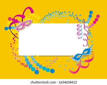Colorful Carnival party frame with masks and confetti vector background with copy space.