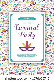 Colorful Carnival Party invitation with text and confetti. Vector