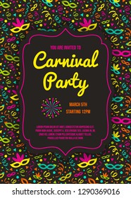 Colorful Carnival Party invitation with text and confetti. Vector