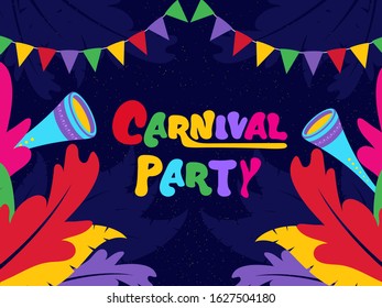 Colorful Carnival Party Text with Party Horns and Feather Decorated Blue Background.