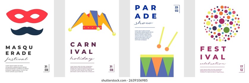 Colorful carnival poster set with festive masks, drums, fireworks and geometric patterns. Perfect for party flyers, parade banners, festival invitations or funfair celebration designs.