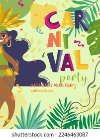 Colorful carnival samba girl party flyer template with tropical leaves, lettering and confetti