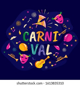 Colorful Carnival Text with Music Instrument, Mask, Balloon, Mustache and Stars Decorated on Blue Background.