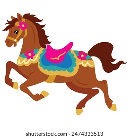 Colorful carousel horse  flat vector cartoon illustration