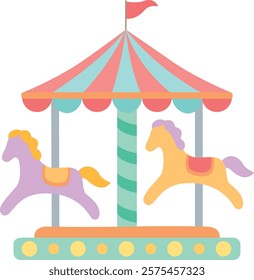 Colorful carousel with horses on isolated on white background. Simple illustration with children's attraction