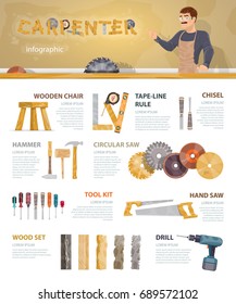 Colorful carpentry infographic template with professional instruments tools accessories and equipment of carpenter vector illustration