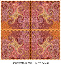 Colorful carpet with oriental symmetrical pattern and wavy fringe isolated on white background