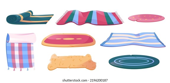 Colorful carpets, blankets and rugs set isolated on white background. Cartoon illustration of striped, checkered floor covering of different size and shape. Home interior accessories. Vector design