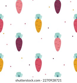 Colorful carrots with polka dots cute seamless pattern. Vector hand drawn Easter illustration. Fun spring holiday background for wrapping paper, packaging, gift, fabric, wallpaper, textile, apparel.
