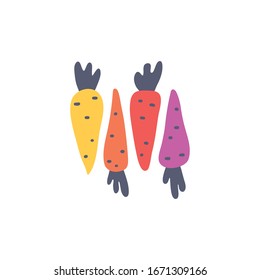 Hojas de zanahorias coloridas, verduras de raíz dibujadas a mano, aisladas de fondo blanco