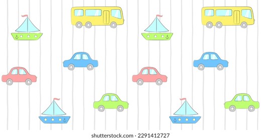 Colorful cars, bus and ship on a white striped background. Kids endless texture with toy transports. Vector seamless pattern for cover, wrapping paper, giftwrap, surface texture or printing on clothes