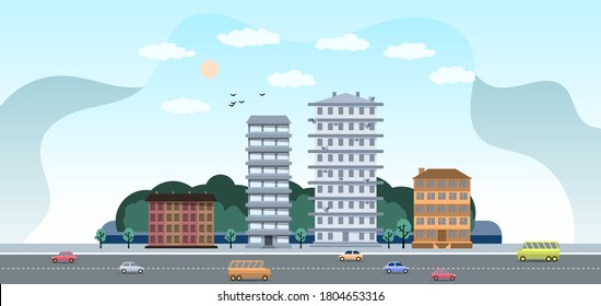 colorful cars and buses traveling on the marked road on the background of high-rise buildings, trees and sky with sun, clouds, silhouettes of flying birds. city landscape. flat design. vector
