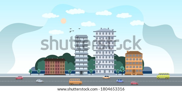 colorful cars and buses traveling on the marked\
road on the background of high-rise buildings, trees and sky with\
sun, clouds, silhouettes of flying birds. city landscape. flat\
design. vector\
