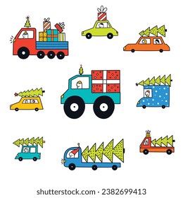 Colorful cars are carrying Christmas trees and gift boxes. Cute Christmas illustration. Vector set.